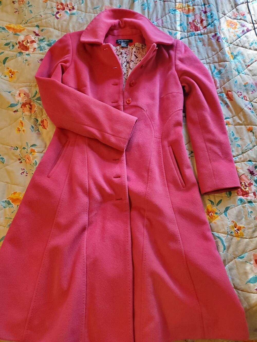 1990s Etcetera Pink Wool Fitted Midi Coat